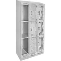 Clean Line Lockers, 3 -tier, Bank of 3, 36" x 15" x 82", Steel, Grey, Rivet (Assembled), Perforated Chandler Sales