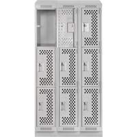 Clean Line Lockers, 3 -tier, Bank of 3, 36" x 15" x 82", Steel, Grey, Rivet (Assembled), Perforated Chandler Sales