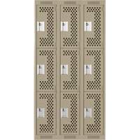 Clean Line Lockers, 3 -tier, Bank of 3, 36" x 12" x 72", Steel, Beige, Rivet (Assembled), Perforated Chandler Sales