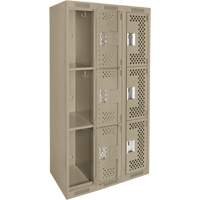 Clean Line Lockers, 3 -tier, Bank of 3, 36" x 12" x 72", Steel, Beige, Rivet (Assembled), Perforated Chandler Sales