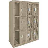 Clean Line Lockers, 3 -tier, Bank of 4, 48" x 12" x 72", Steel, Beige, Rivet (Assembled), Perforated Chandler Sales