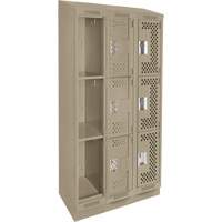Clean Line Lockers, 3 -tier, Bank of 3, 36" x 15" x 82", Steel, Beige, Rivet (Assembled), Perforated Chandler Sales
