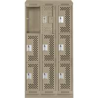 Clean Line Lockers, 3 -tier, Bank of 3, 36" x 15" x 82", Steel, Beige, Rivet (Assembled), Perforated Chandler Sales