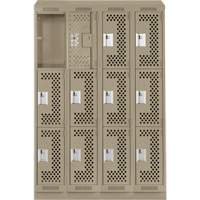 Clean Line Lockers, 3 -tier, Bank of 4, 48" x 15" x 82", Steel, Beige, Rivet (Assembled), Perforated Chandler Sales