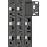 Clean Line Lockers, 3 -tier, Bank of 3, 36" x 12" x 72", Steel, Charcoal, Rivet (Assembled), Perforated Chandler Sales