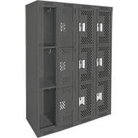 Clean Line Lockers, 3 -tier, Bank of 4, 48" x 12" x 72", Steel, Charcoal, Rivet (Assembled), Perforated Chandler Sales