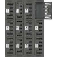 Clean Line Lockers, 3 -tier, Bank of 4, 48" x 12" x 72", Steel, Charcoal, Rivet (Assembled), Perforated Chandler Sales