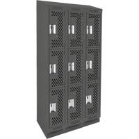 Clean Line Lockers, 3 -tier, Bank of 3, 36" x 15" x 82", Steel, Charcoal, Rivet (Assembled), Perforated Chandler Sales