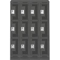 Clean Line Lockers, 3 -tier, Bank of 4, 48" x 15" x 82", Steel, Charcoal, Rivet (Assembled), Perforated Chandler Sales