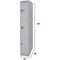 Lockers, 3 -tier, 12" x 18" x 72", Steel, Grey, Knocked Down Chandler Sales