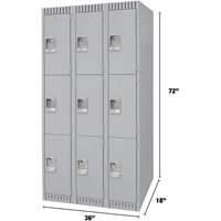 Lockers, 3 -tier, Bank of 3, 36" x 18" x 72", Steel, Grey, Knocked Down Chandler Sales