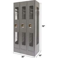 Vented Lockers, Bank of 3, 36" x 18" x 78", Steel, Grey, Knocked Down, Perforated Chandler Sales