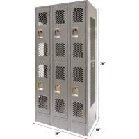 Vented Lockers, 2 -tier, Bank of 3, 36" x 18" x 78", Steel, Grey, Knocked Down, Perforated Chandler Sales