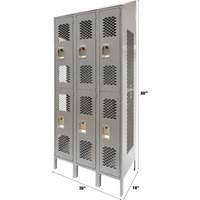 Vented Lockers, 2 -tier, Bank of 3, 36" x 18" x 88", Steel, Grey, Knocked Down, Perforated Chandler Sales