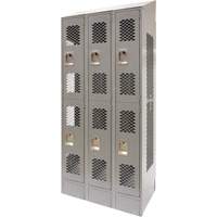 Vented Lockers, 2 -tier, Bank of 3, 36" x 18" x 88", Steel, Grey, Knocked Down, Perforated Chandler Sales