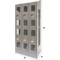 Vented Lockers, 2 -tier, Bank of 3, 36" x 18" x 88", Steel, Grey, Knocked Down, Perforated Chandler Sales