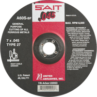Depressed Center Cut-Off Wheel, 7" x 0.045", 7/8" Arbor, Type 27, Aluminum Oxide, 8500 RPM Chandler Sales